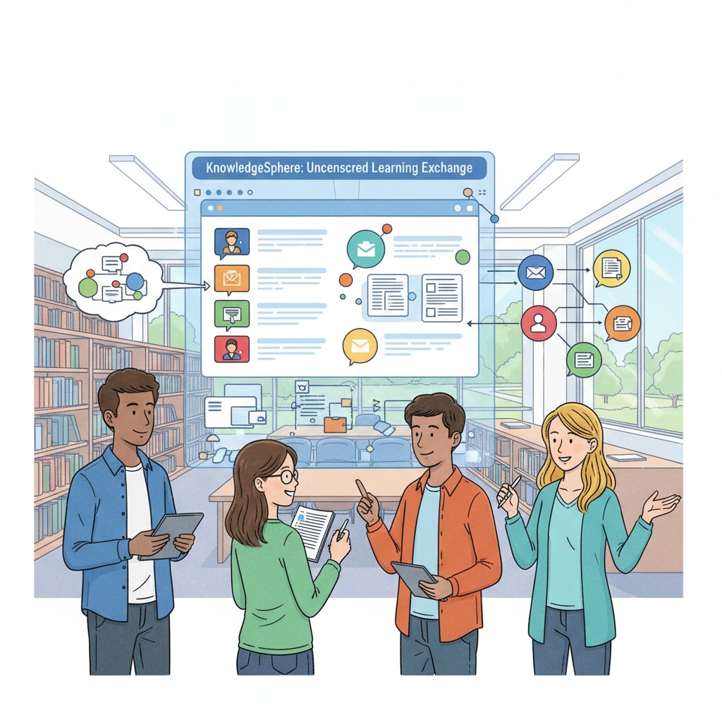A group of students are seen interacting on an uncensored social media learning platform, sharing ideas and resources. Students interacting on an uncensored social media learning platform