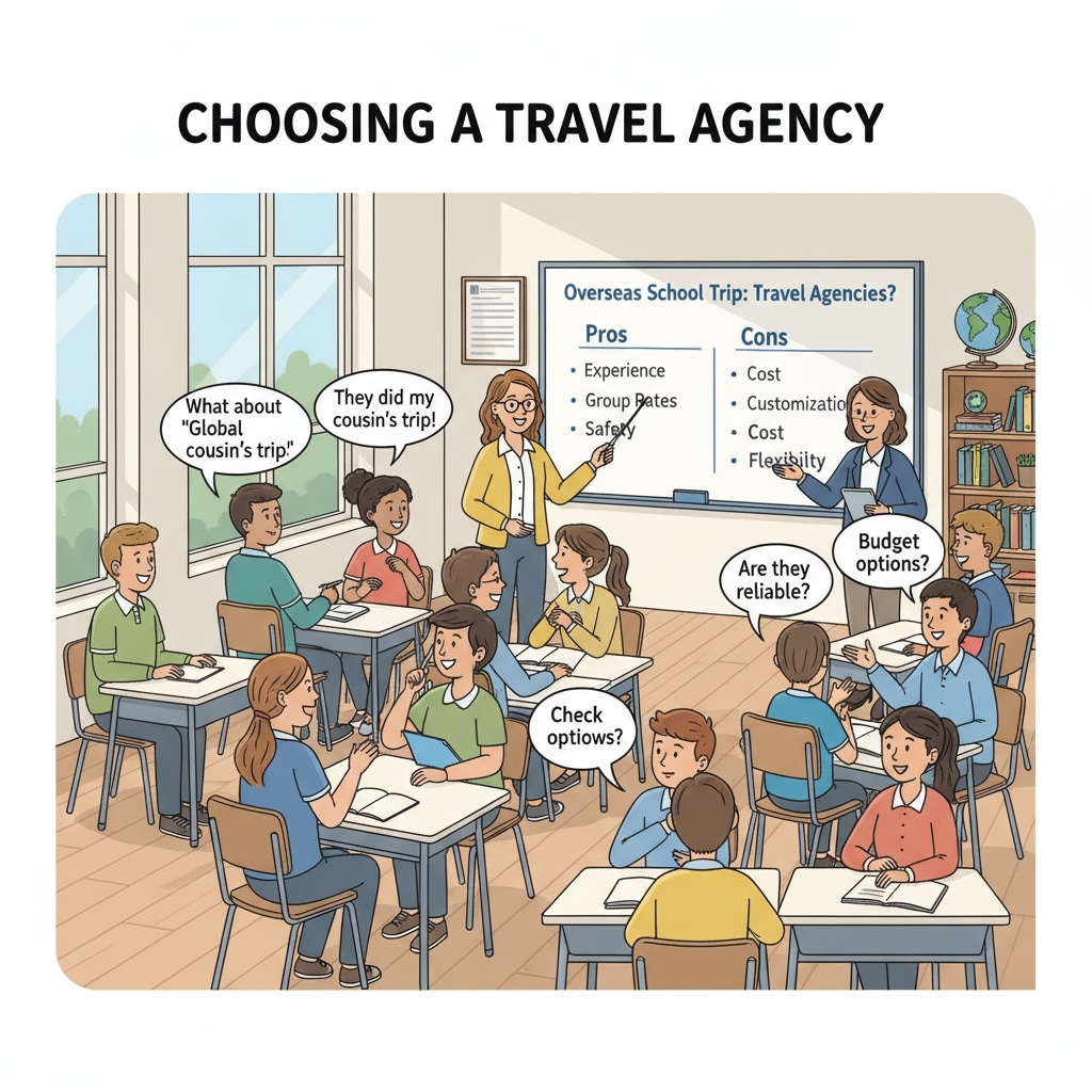A classroom discussion about choosing an overseas travel agency for a school trip, students and teachers are actively exchanging ideas. Classroom discussion on choosing an overseas travel agency for a school trip
