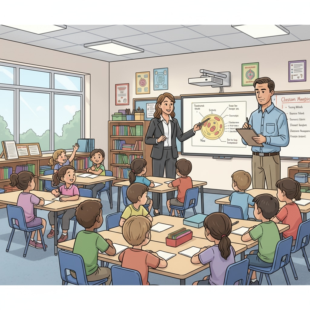 An administrator is standing at the back of a K12 classroom, observing the teacher's teaching style. The administrator is making notes on a clipboard, which may be related to micromanagement aspects such as teaching methods and use of resources. An administrator observing a K12 teacher's classroom and making notes