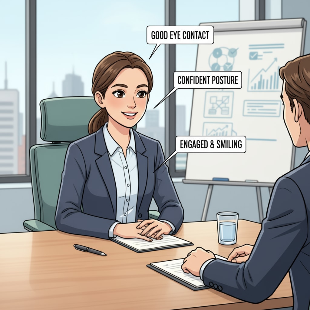 A person is sitting upright, maintaining good eye contact during an interview, looking confident and engaged. A person showing good non-verbal communication during an interview