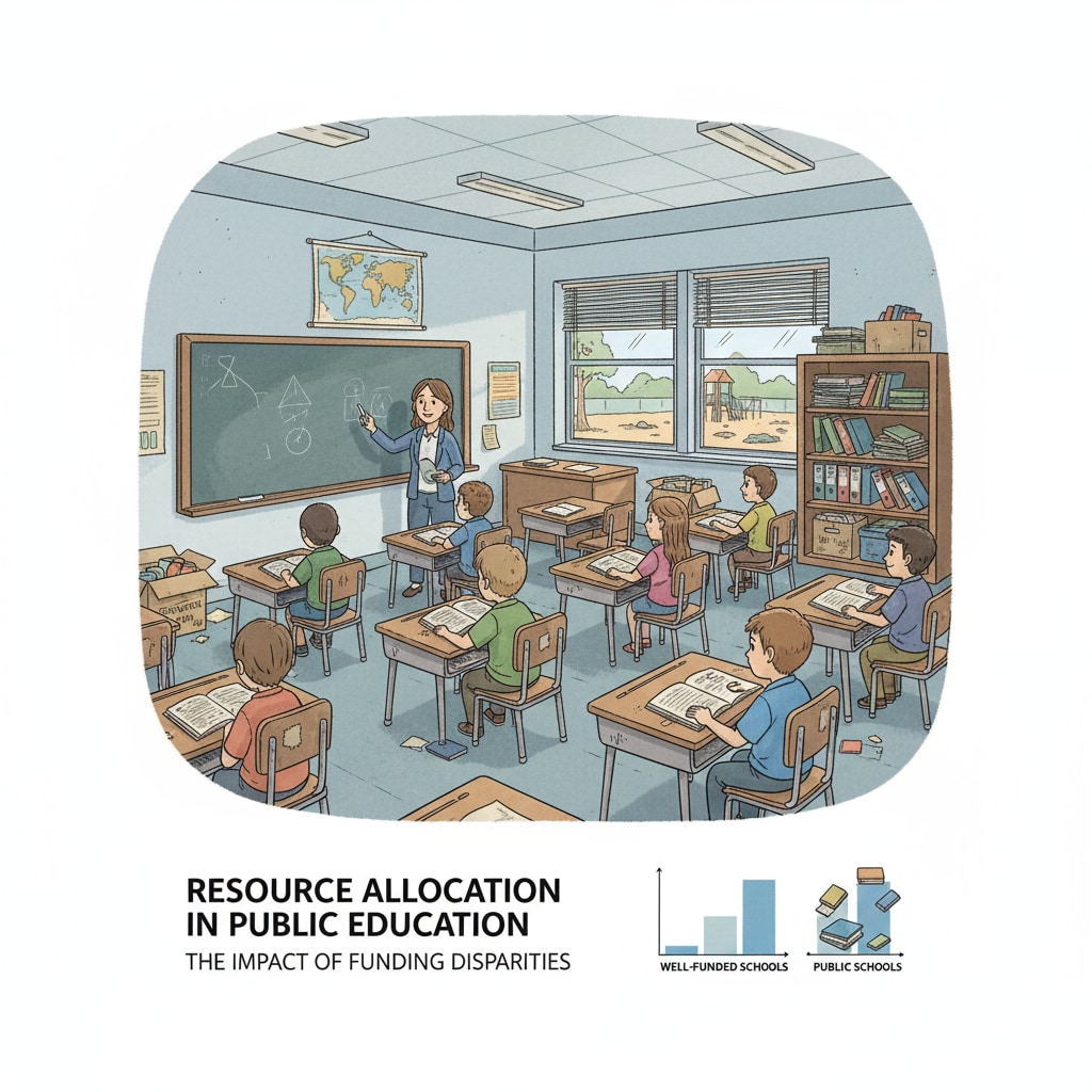 A public school classroom with scarce resources in the context of school district, public school, charter school, resource allocation