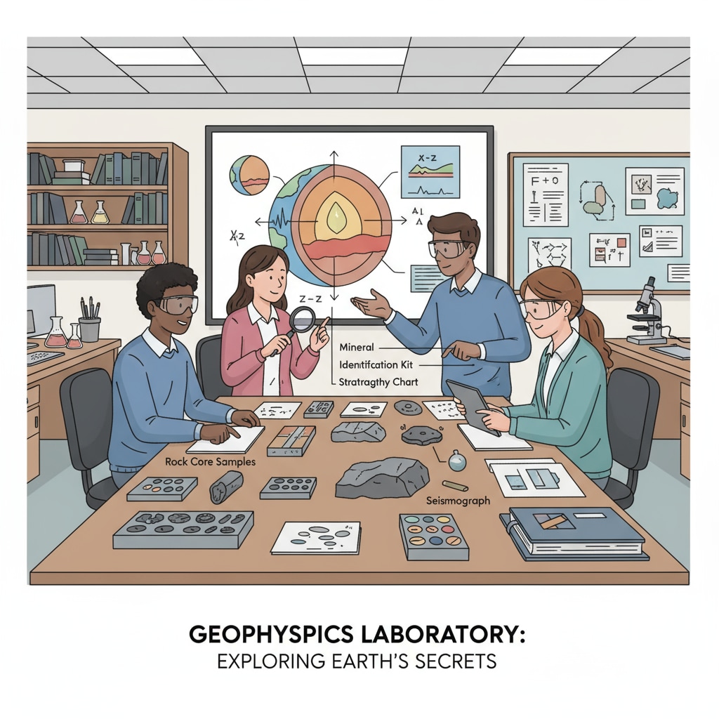 A group of geophysics students examining geological specimens in a laboratory setting, which shows their academic learning environment related to geophysics. Geophysics students in a laboratory facing employment dilemmas and considering career transformation.