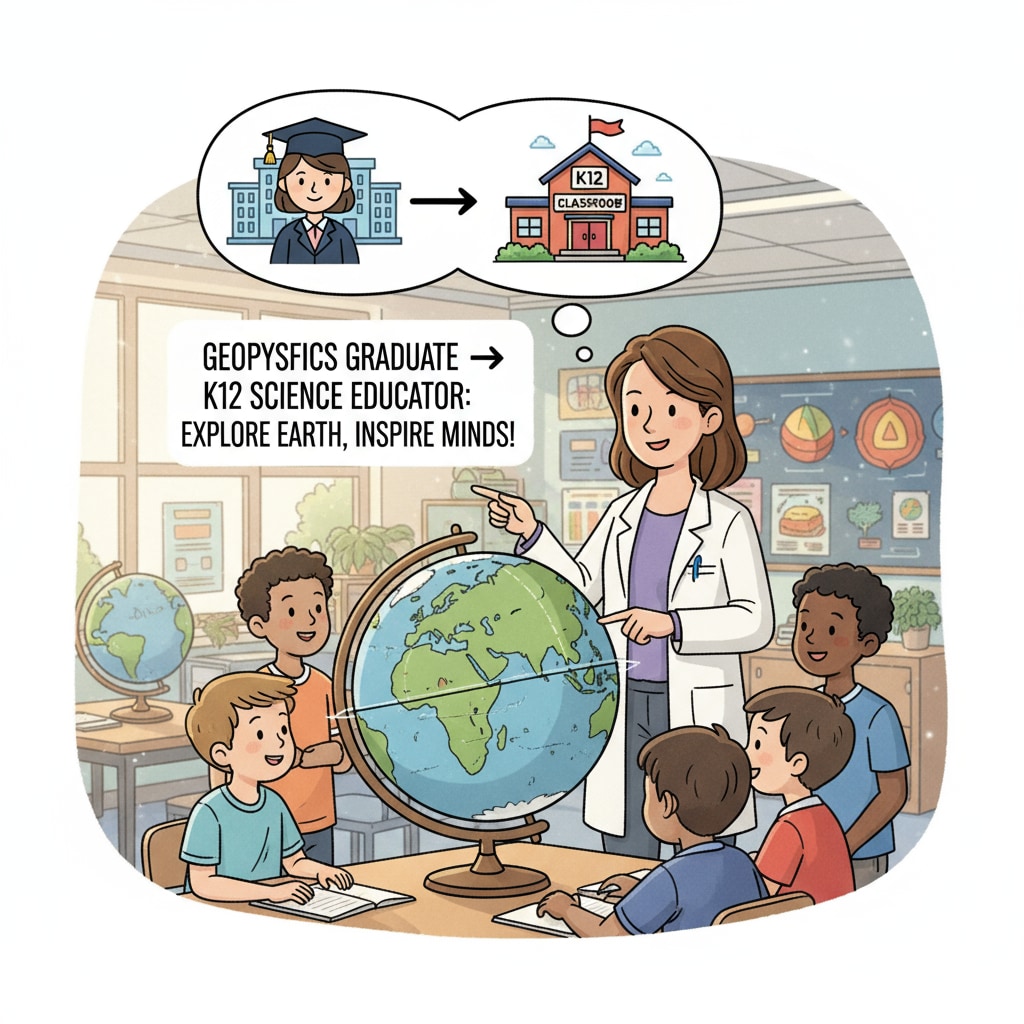 A teacher is using a globe to explain scientific concepts in a K12 classroom, representing the new career opportunity in K12 science education for geophysics graduates. A geophysics graduate turned K12 teacher explaining scientific concepts in a classroom, highlighting the career transition.