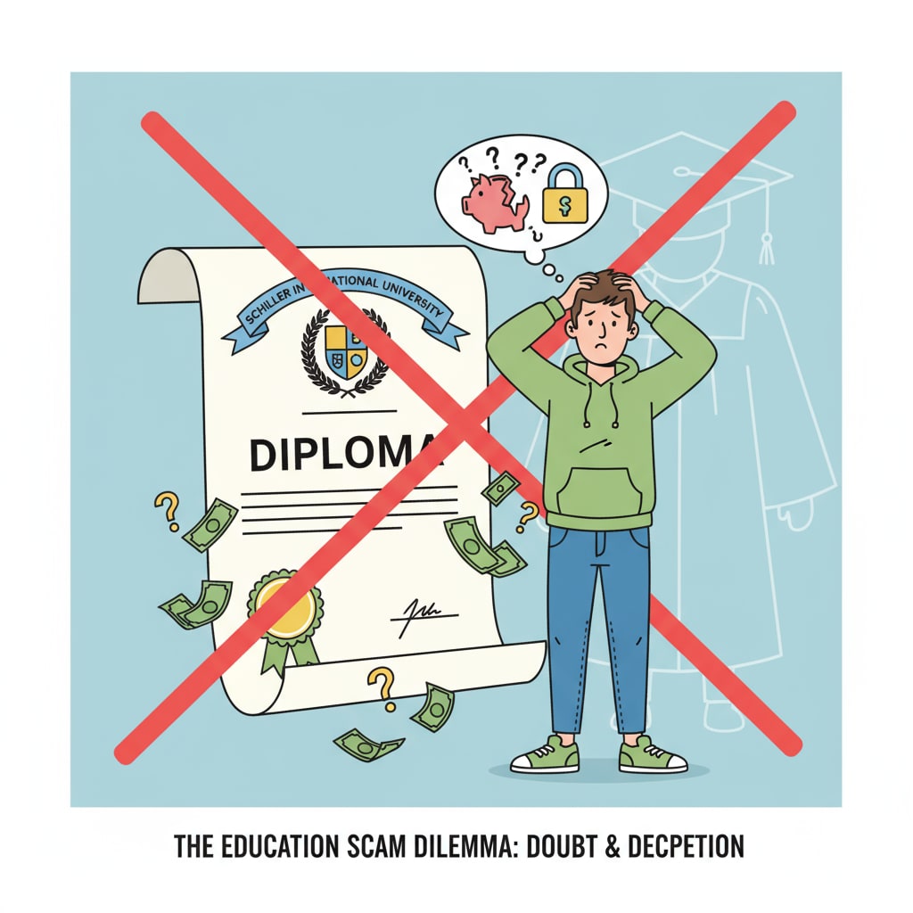 An illustration showing a student looking confused in front of a diploma from Schiller International University, representing the doubts and concerns raised by the education scams. A confused student in front of a Schiller International University diploma, highlighting the education scams.