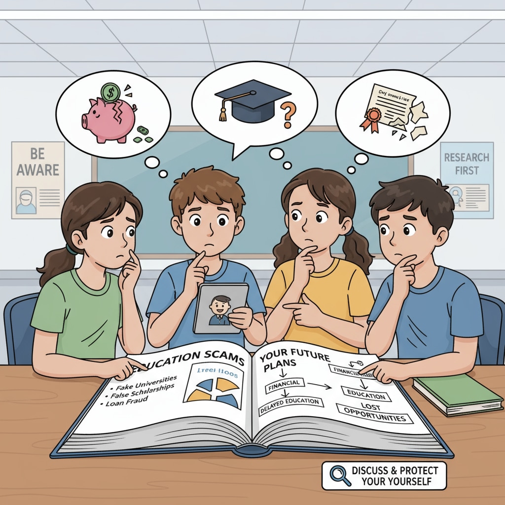A group of K12 students engaged in a discussion about the potential impact of education scams on their future educational plans. K12 students discussing the effects of education scams involving Schiller International University and GEDU Group.