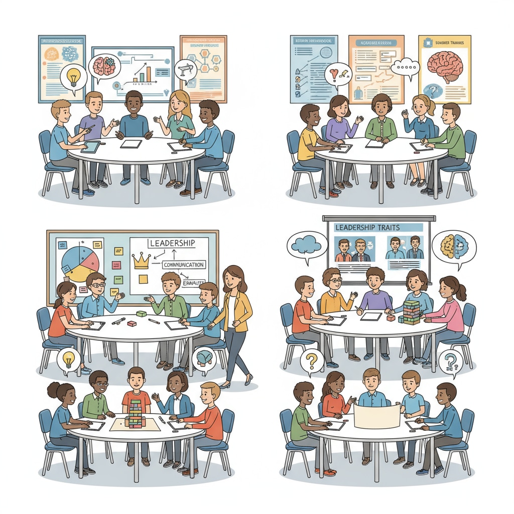 A classroom scene where students are engaged in discussions about leadership and IQ. Students are sitting in groups, actively sharing their thoughts and ideas. Classroom discussion on General Motors, IQ, and leadership