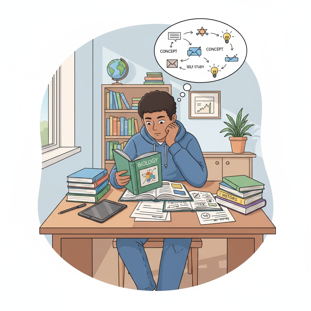 A student is sitting at a desk, concentrating on self-study. There are books and notes spread out in front of them, and they are focused on understanding the material independently. Individual learning, a student working alone to improve learning effectiveness