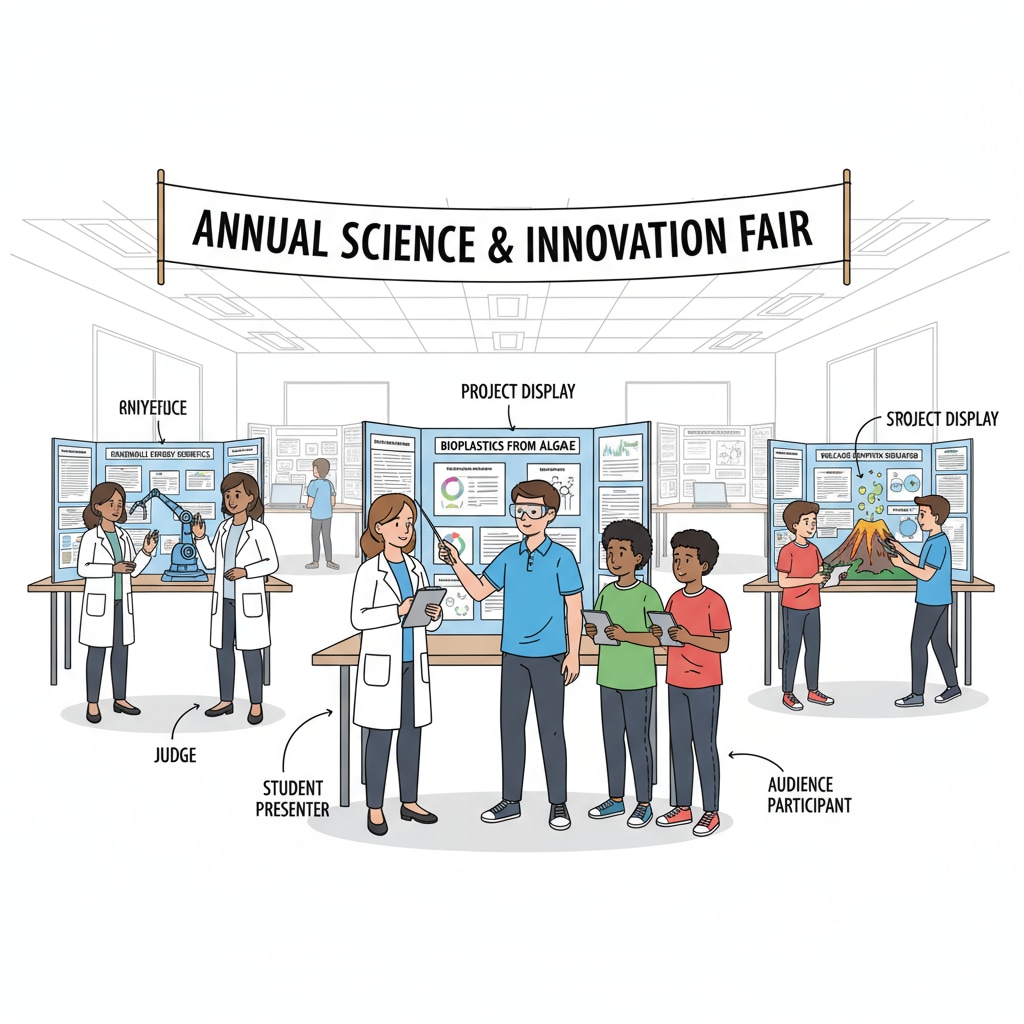 Students participating in a science fair related to STEM university extracurricular activities and volunteer services