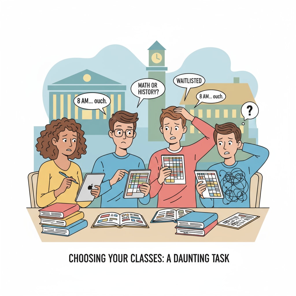 A group of college students looking at their class schedules with confused expressions, indicating their dilemma in choosing class times. College students confused about college course time arrangement and class shift selection