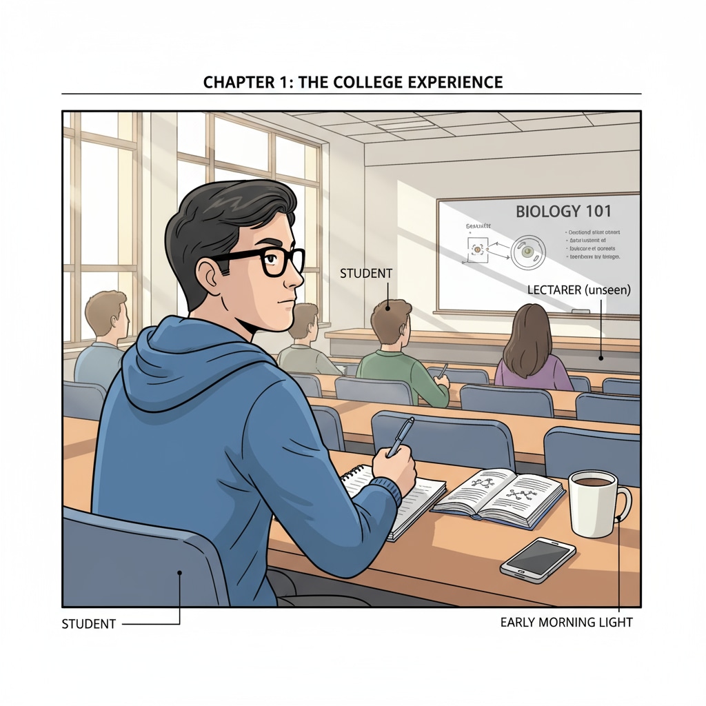 A college student sitting attentively in an early morning class, showing the scenario of a student in a morning class. A college student in a morning class related to college course time arrangement
