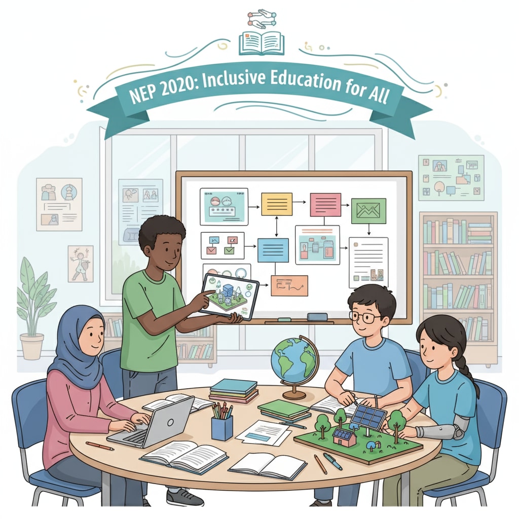 A group of students from different backgrounds working together on an educational project, highlighting the inclusive aspect of NEP 2020 in K12 education. Diverse K12 students collaborating on a project as an effect of NEP 2020's educational policy