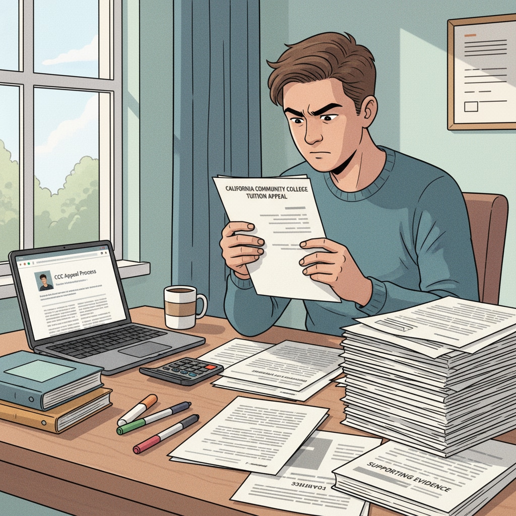 A student is carefully looking through papers related to appealing for California community college tuition, showing concentration and determination. A student studying documents related to California community college tuition appeal