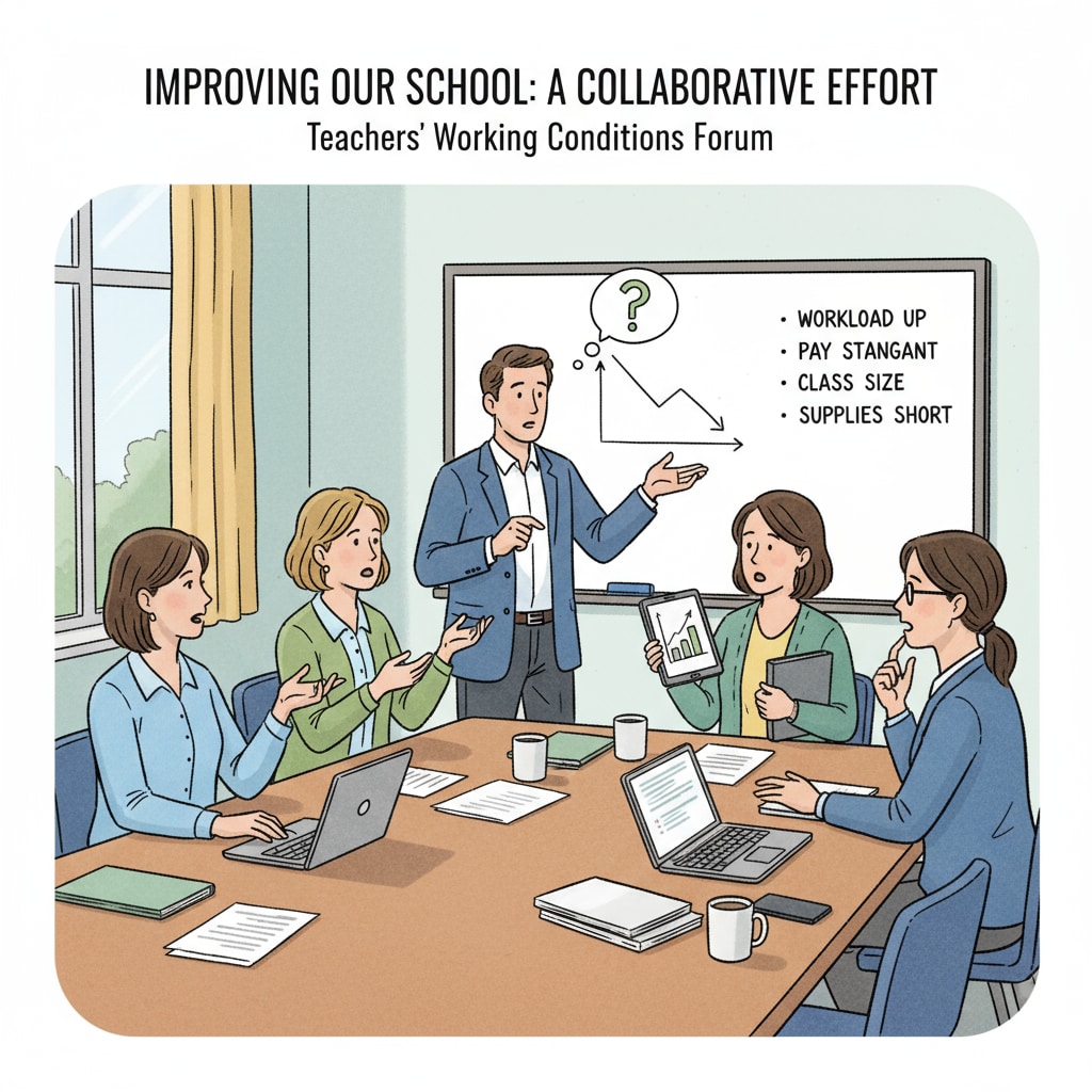 A group of teachers are having a discussion in a school meeting room, with a whiteboard in the background, likely talking about their working conditions. Teachers discussing teaching working conditions in a school district research - related meeting