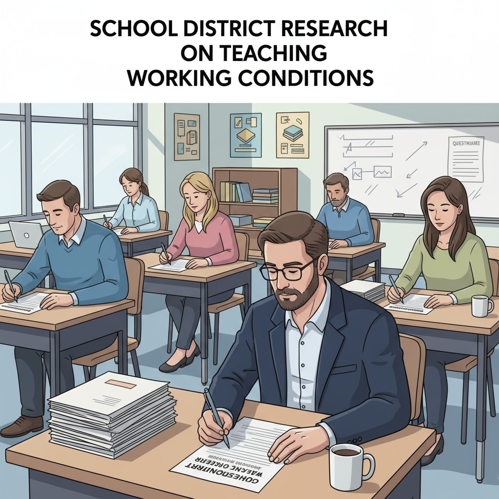 Teachers are sitting at their desks in a classroom, filling out questionnaires with pens, which are part of the school district research on teaching working conditions. Teachers filling out questionnaires for the school district research on teaching working conditions
