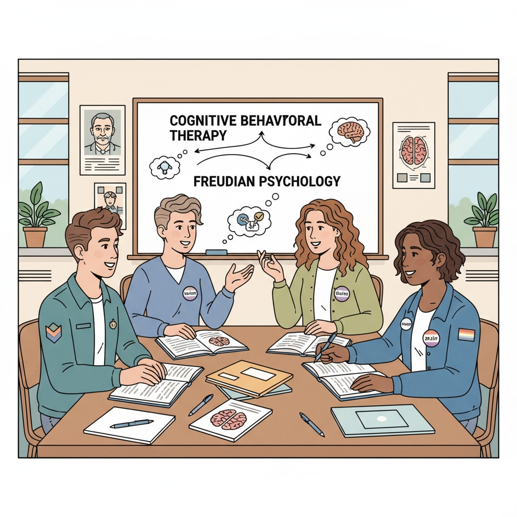 Transgender students are engaged in a discussion about psychology topics in a university classroom setting, with books and notes on the table. Transgender students discussing psychology in an Asian university