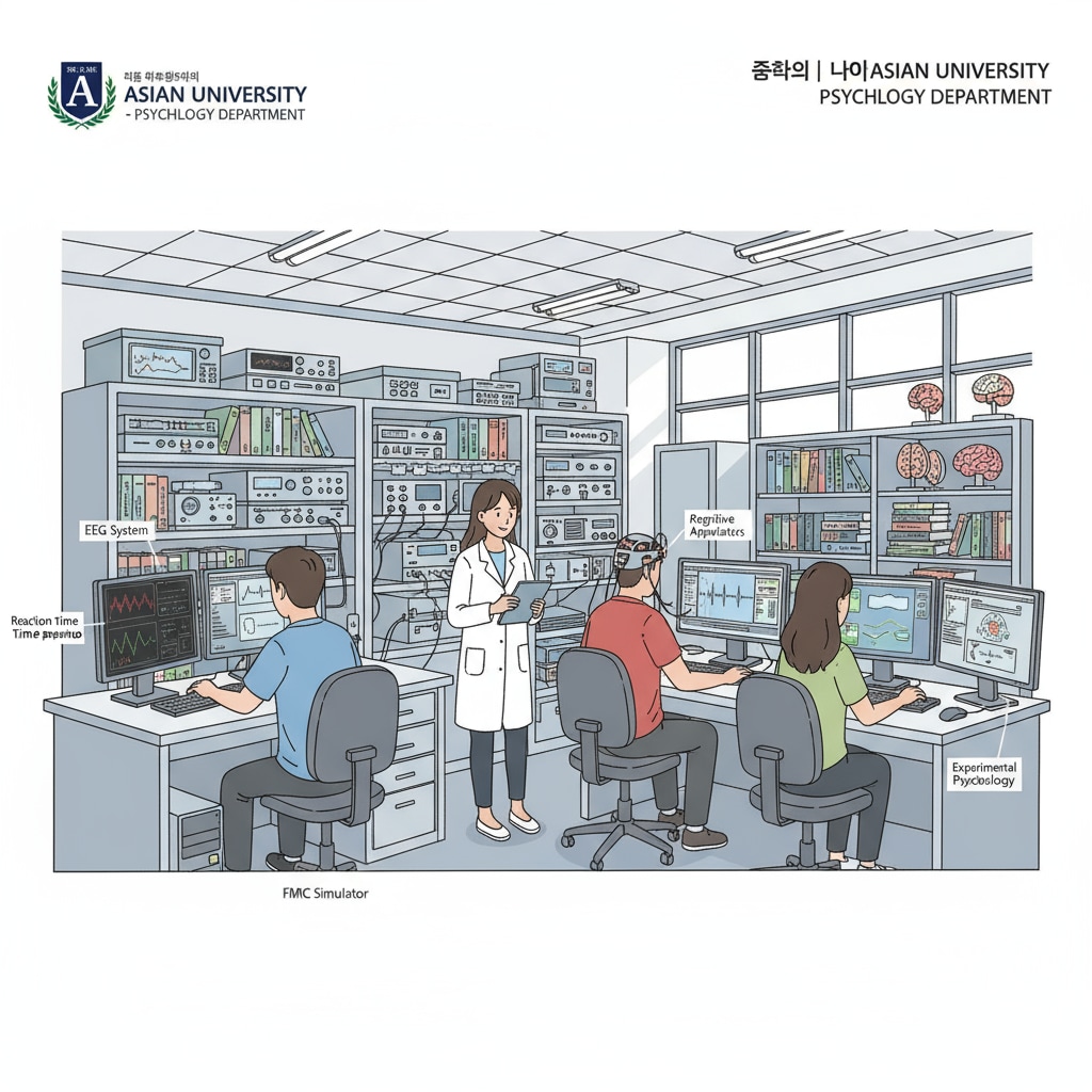 A group of students are conducting experiments in a well-equipped psychology laboratory in an Asian university, with scientific instruments and computers in the background. Students in a psychology laboratory in an Asian university