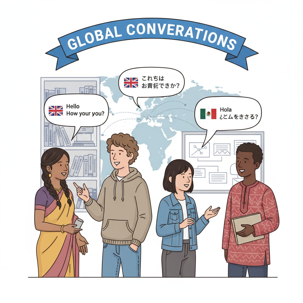 A group of students from different countries chatting in various languages, showing the diverse nature of language communication. Language learning, knowledge value, cultural exploration - students communicating in different languages