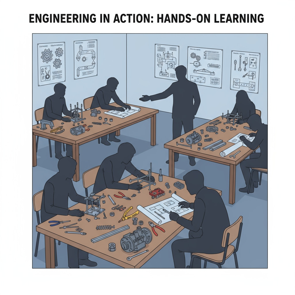 A group of students are collaborating on mechanical engineering projects under the guidance of a teacher, demonstrating the connection between engineering education and hands-on learning. Students engaged in mechanical engineering projects with a teacher, related to education, mechanical engineering, and math teaching