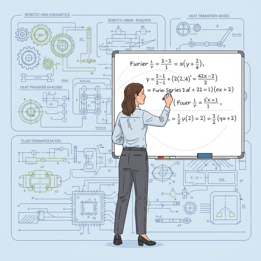 A teacher is writing math equations on a whiteboard while mechanical engineering diagrams are visible in the background, highlighting the link between math and mechanical engineering in an educational setting. Teacher writing math equations with mechanical engineering diagrams in the background, relevant to education, mechanical engineering, and math teaching