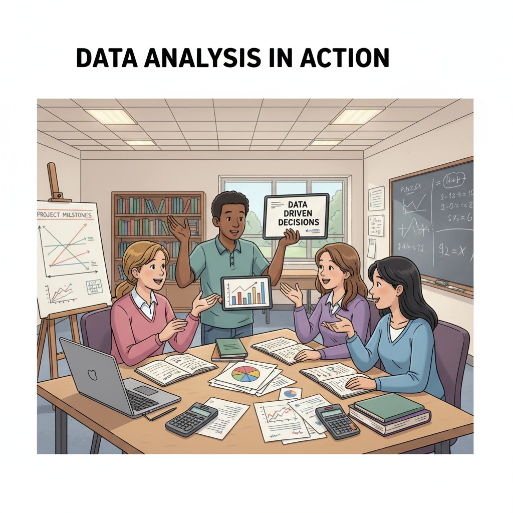 A classroom scene where students are engaged in a lively discussion about data analysis projects, with notebooks and charts on their desks. K12 classroom scene promoting data analysis for future career choices and considering education costs