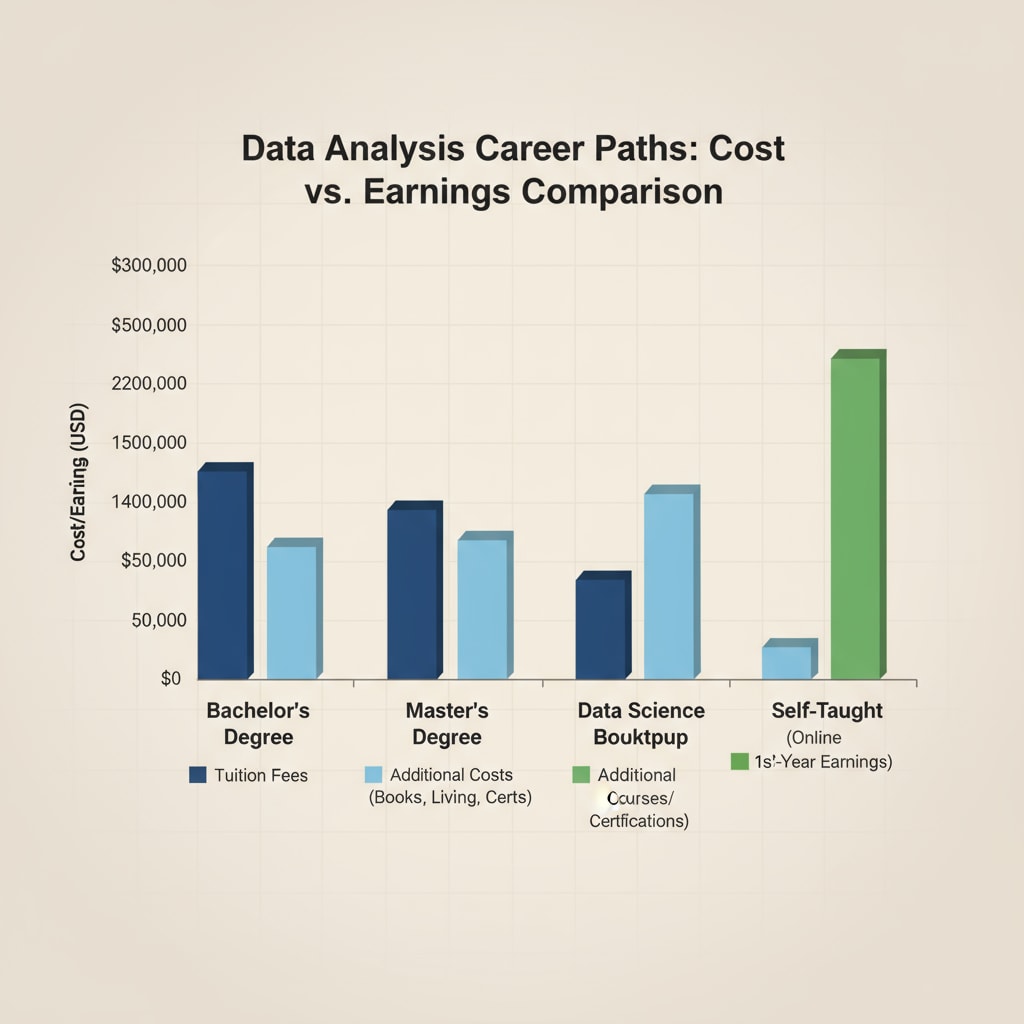 A bar graph comparing the tuition fees, additional costs, and potential earnings of different education paths leading to a data analysis career. Graph showing cost comparison of education paths for data analysis career choices