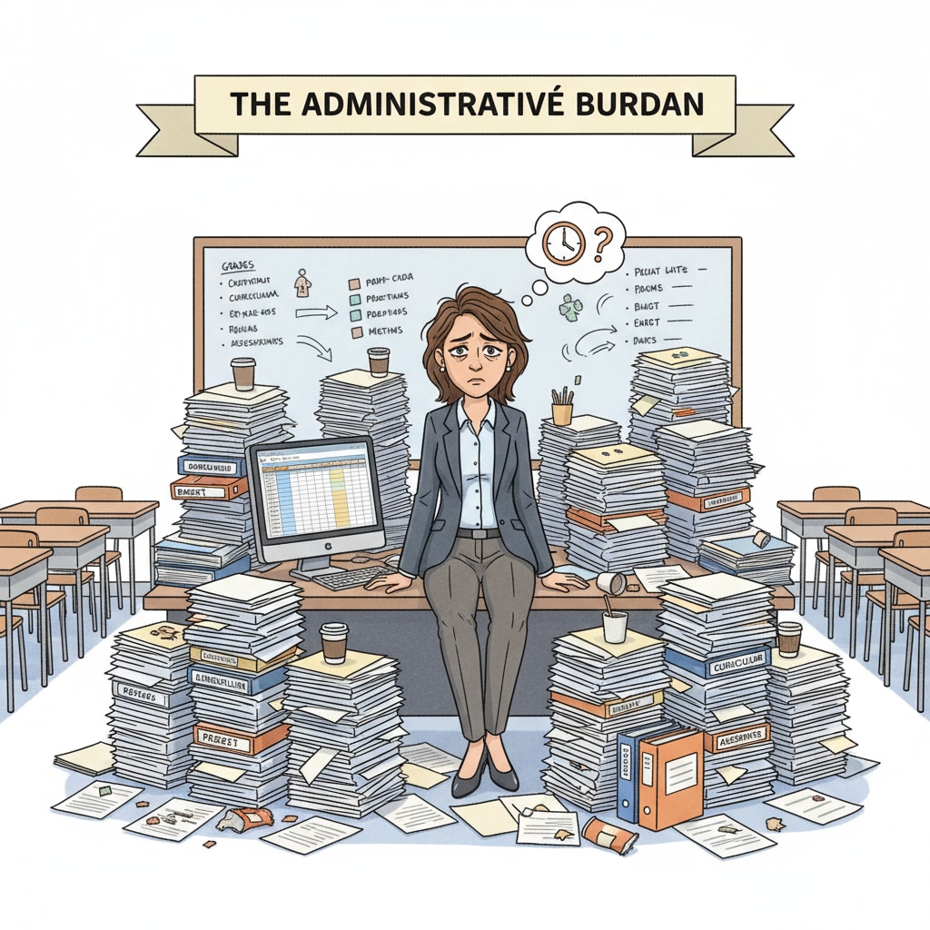 A classroom scene where a teacher is surrounded by piles of administrative paperwork, looking stressed. This represents the heavy administrative burden on educators. A stressed teacher surrounded by administrative paperwork, highlighting micro - management, teaching autonomy, and administrative burden