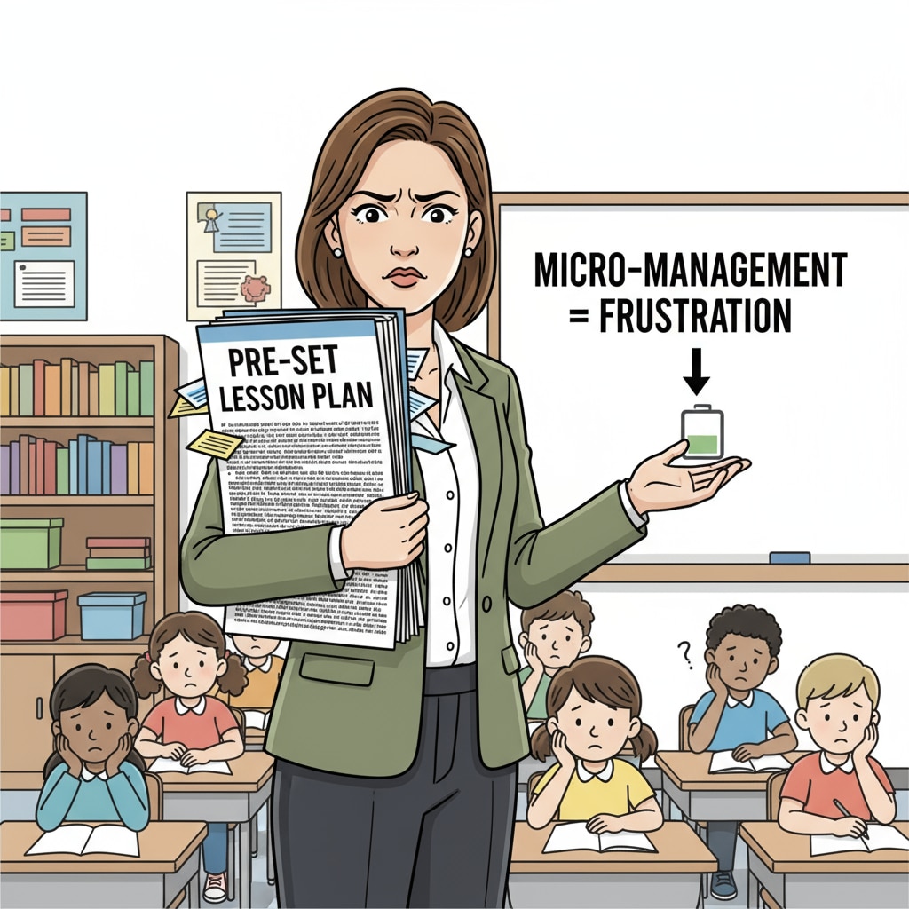 A teacher standing in front of a classroom with a frustrated expression while holding a detailed, pre - set lesson plan. This shows the impact of micro - management on teachers. A frustrated teacher with a pre - set lesson plan, related to micro - management, teaching autonomy, and administrative burden