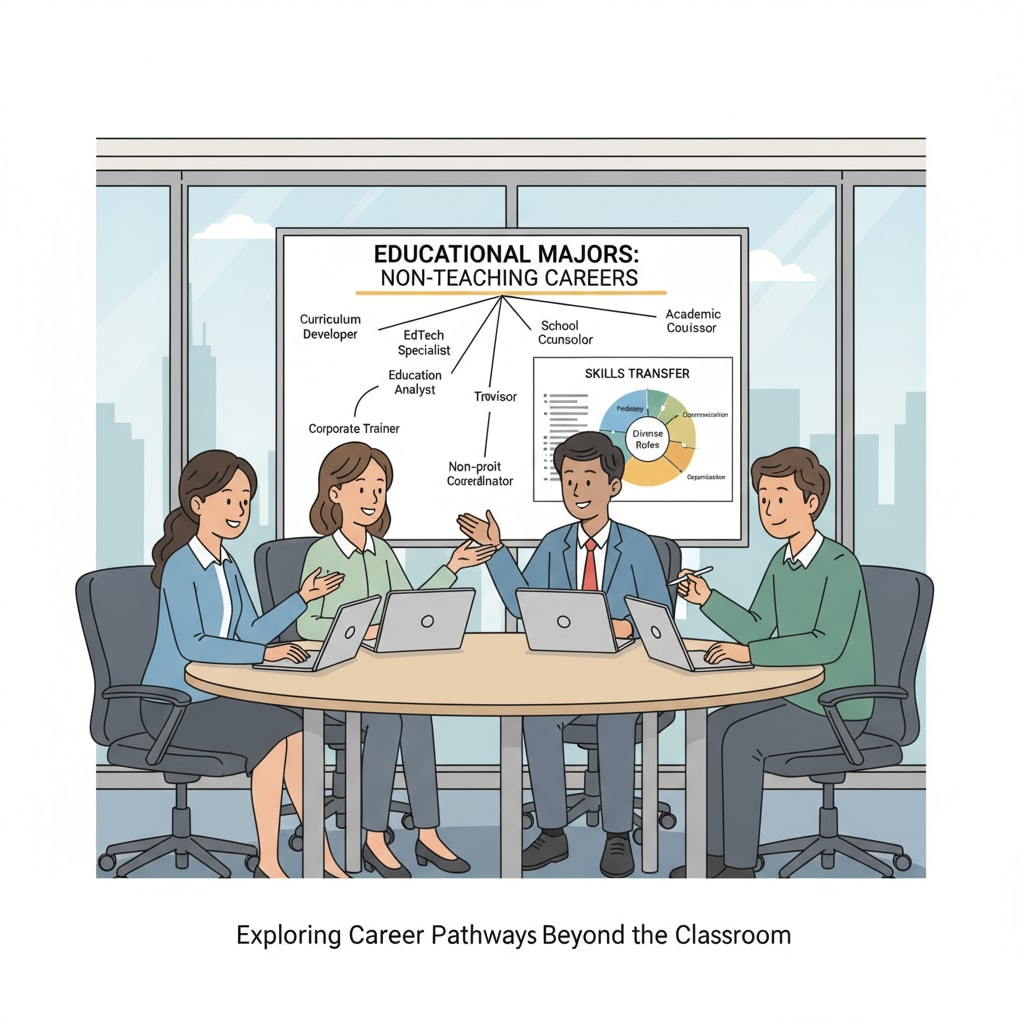 A group of educational majors discussing non-teaching career options in an office setting Educational majors exploring non-teaching career development opportunities in an office