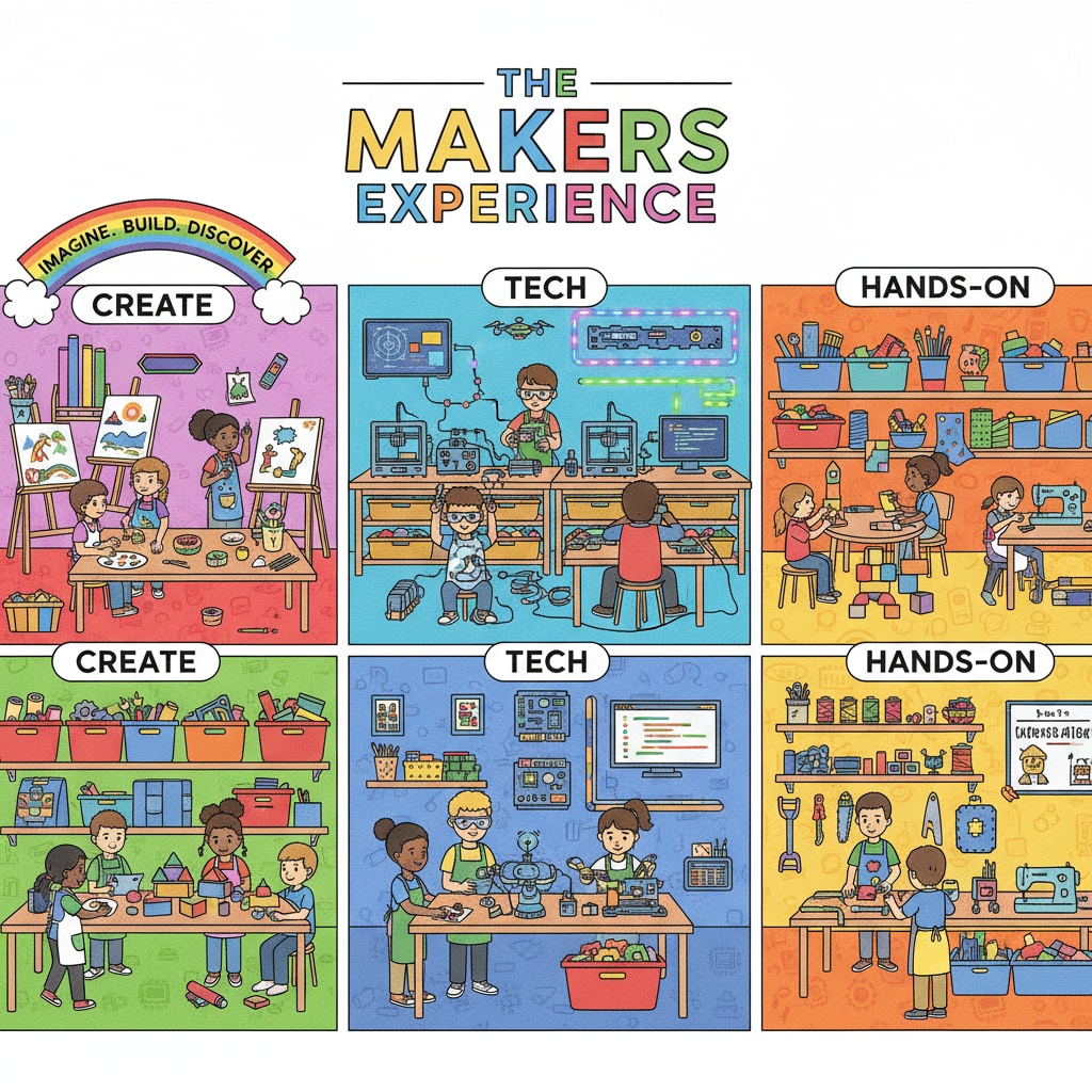A colorful and inspiring makerspace in a K-12 school, equipped with tools for art, technology, and hands-on projects. A makerspace in a K-12 school designed to encourage students' exploration of their interests through architectural design.