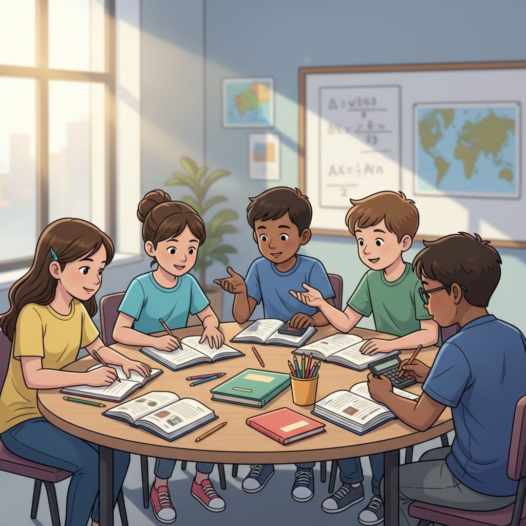A group of K12 students are sitting around a table, books open, studying together. They are concentrating on their tasks, with some writing notes and others discussing concepts. K12 students engaged in focused study as part of preparation strategies to avoid exam failures