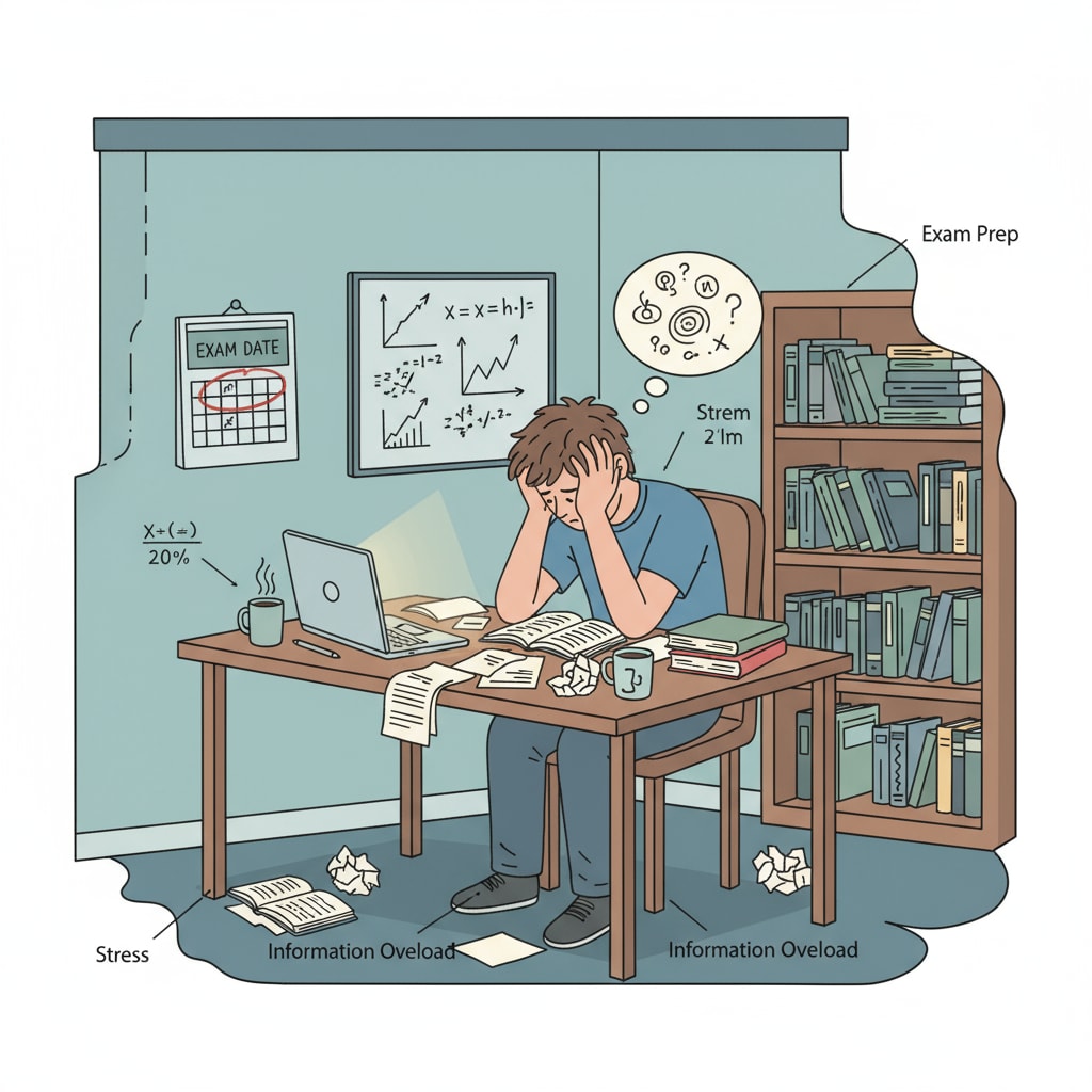 A student is sitting at a desk, looking frustrated. There are open books in front of them, and they are holding their head in their hands, showing signs of stress related to exam preparation. A frustrated K12 student dealing with the stress of exam preparation due to insufficient efforts, which may lead to exam failures