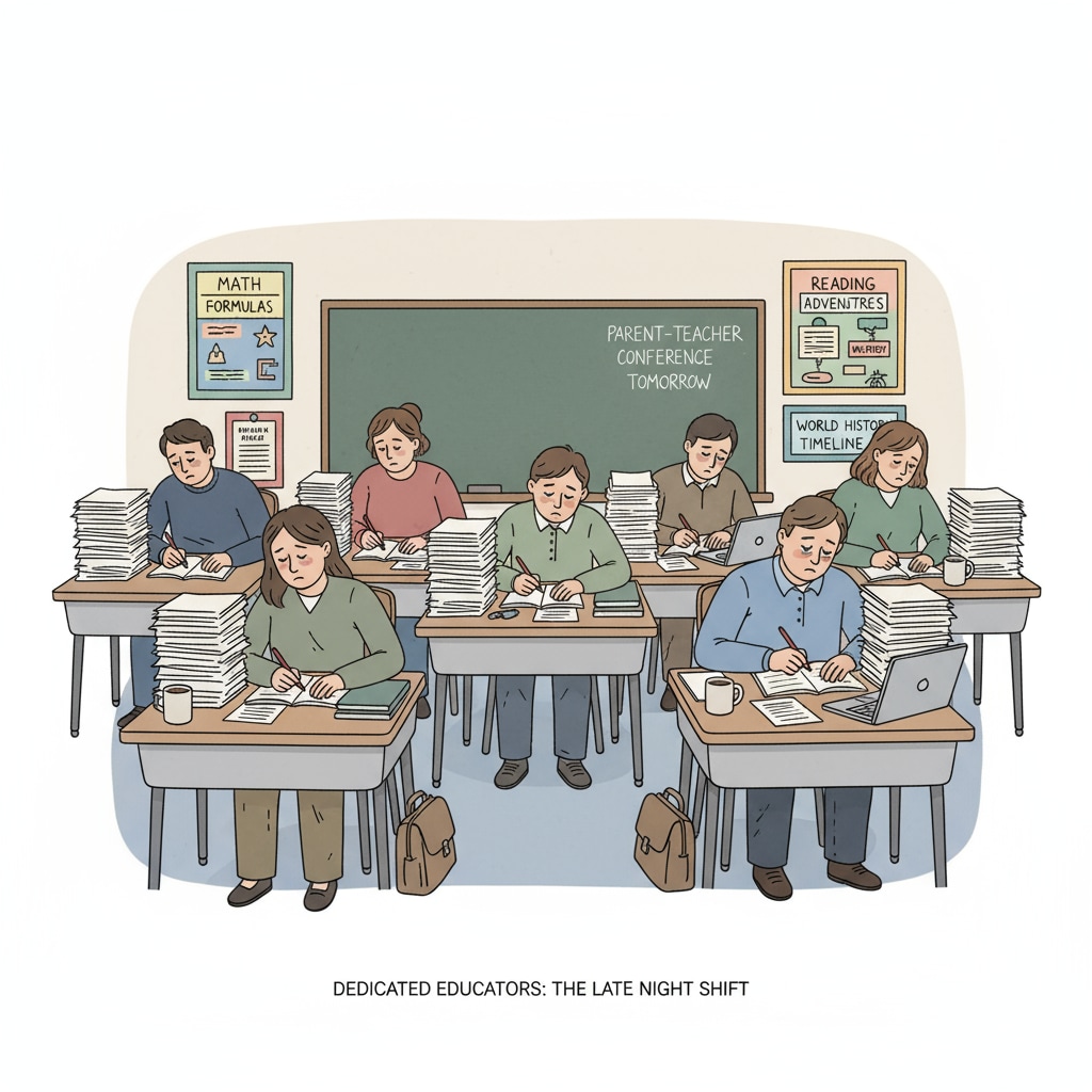 A group of K12 teachers sitting at their desks, looking tired while grading a stack of papers. K12 teachers experiencing heavy workload and job burnout while grading papers.