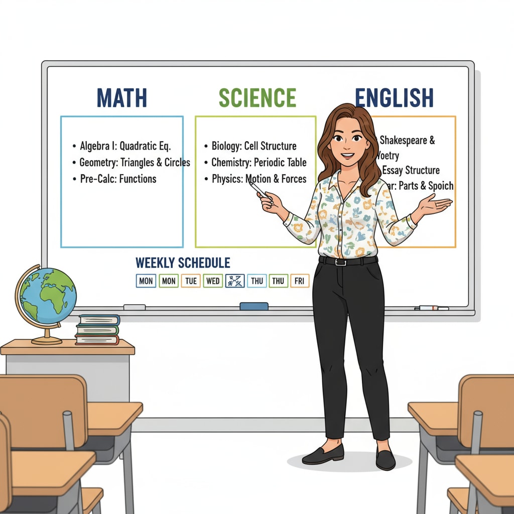 A K12 teacher standing in front of a whiteboard filled with different lesson plans for multiple courses. K12 teacher dealing with the challenges of multi-course teaching.