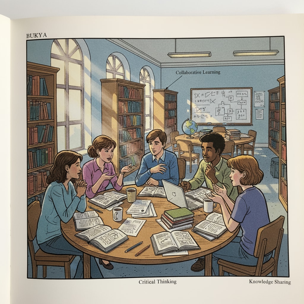 A group of students are having an in-depth discussion around a table, surrounded by learning materials, showing their engagement in deep thinking. Students engaged in deep thinking, showing focus and cognitive activity