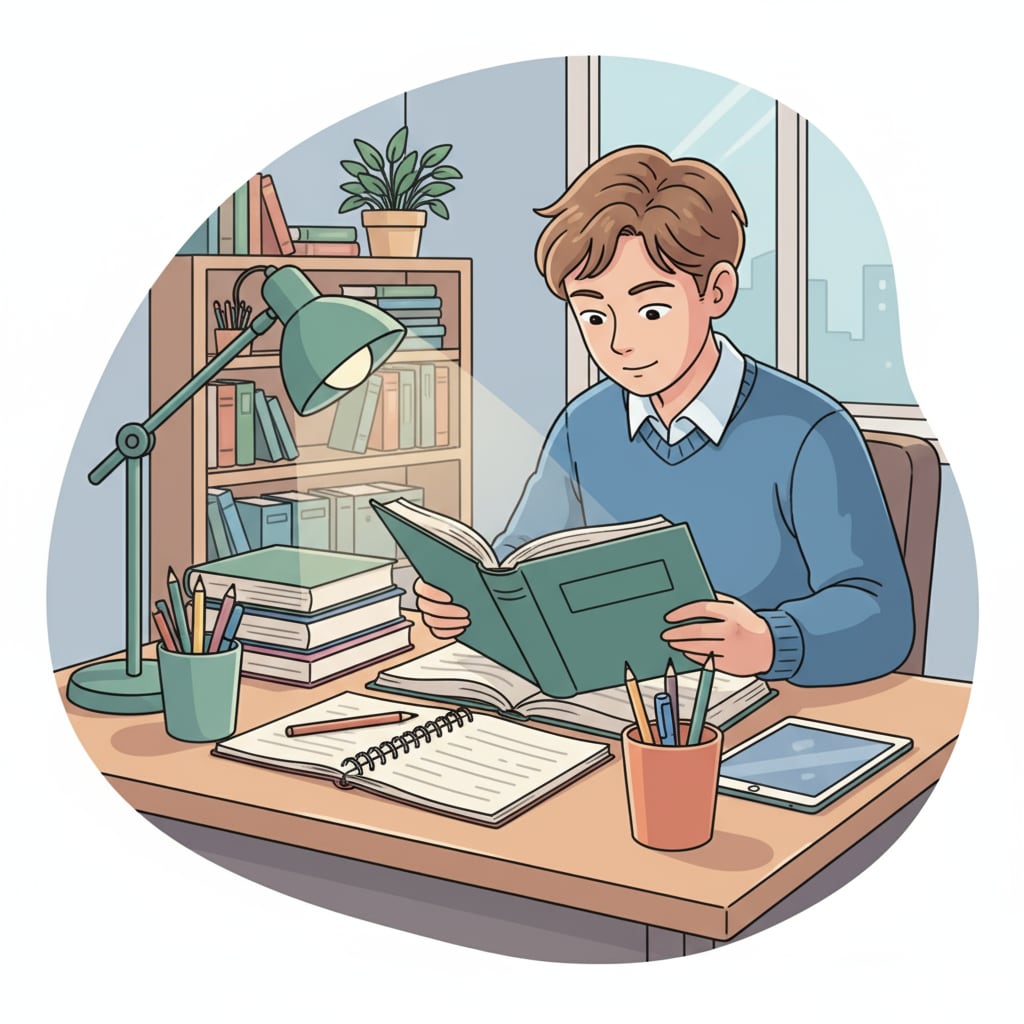 A single student is sitting at a tidy desk, completely focused on reading a book, demonstrating concentration. Student concentrating while reading, highlighting the ability to focus