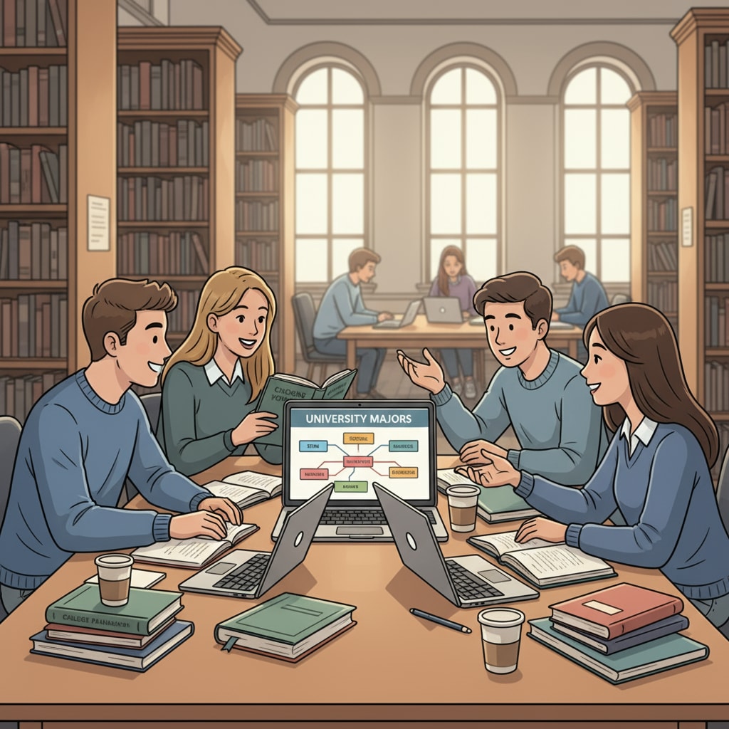 Students are having a discussion about which university majors to choose in a library setting, with books and laptops around them. High school students discussing university majors related to math, physics, and software engineering in a library