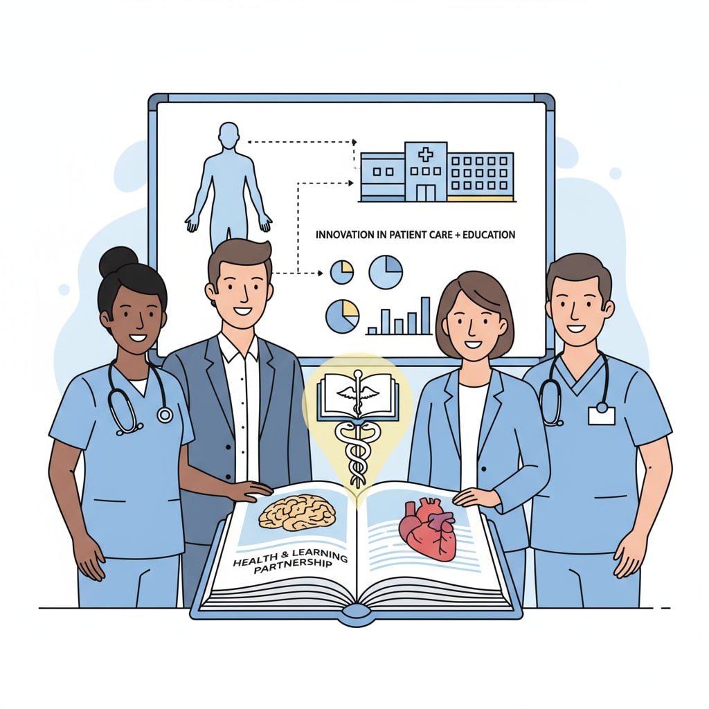 A group of nurses and educators smiling together, showing the potential connection and collaboration between the two professions. Nurses and educators collaborating, related to master degrees, career transition, and nursing