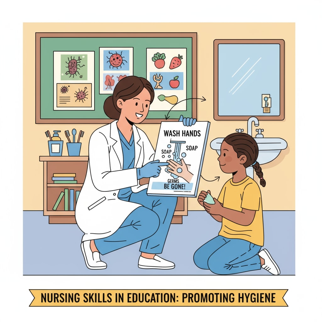 A nurse teaching a child about hygiene, which showcases how nursing skills can be applied in an educational context. Nurse teaching a child, relevant to master degrees, career transition, and nursing