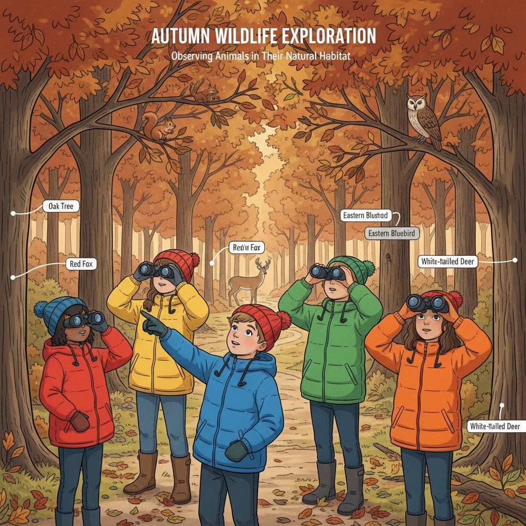 Kids observing animals in an autumn forest for day camp on animal adaptations