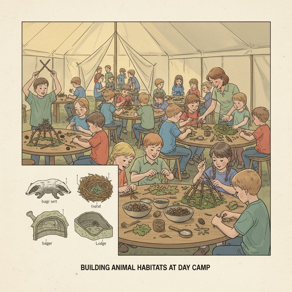 Children making animal shelter models during an animal adaptation day camp in winter