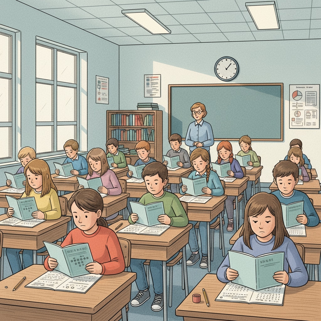 A classroom scene where students are taking a standardized test. Students are sitting at their desks, concentrating on answering questions on test papers. Students taking a standardized test in an educational assessment setting related to memory, critical thinking.