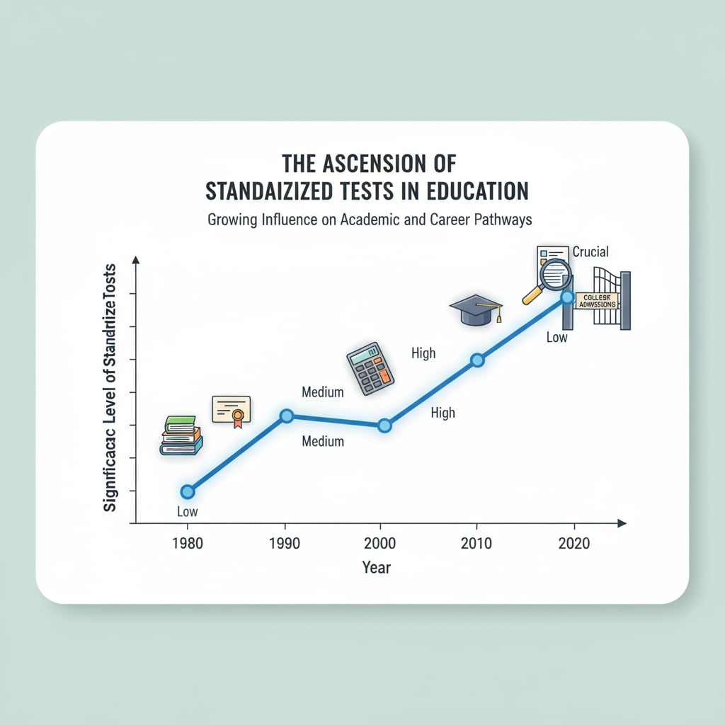 A graph showing the increasing importance of standardized tests over the years. The x-axis represents years, and the y-axis represents the significance level of standardized tests. A graph depicting the growth of the importance of standardized tests in educational assessment, relevant to memory and critical thinking aspects.