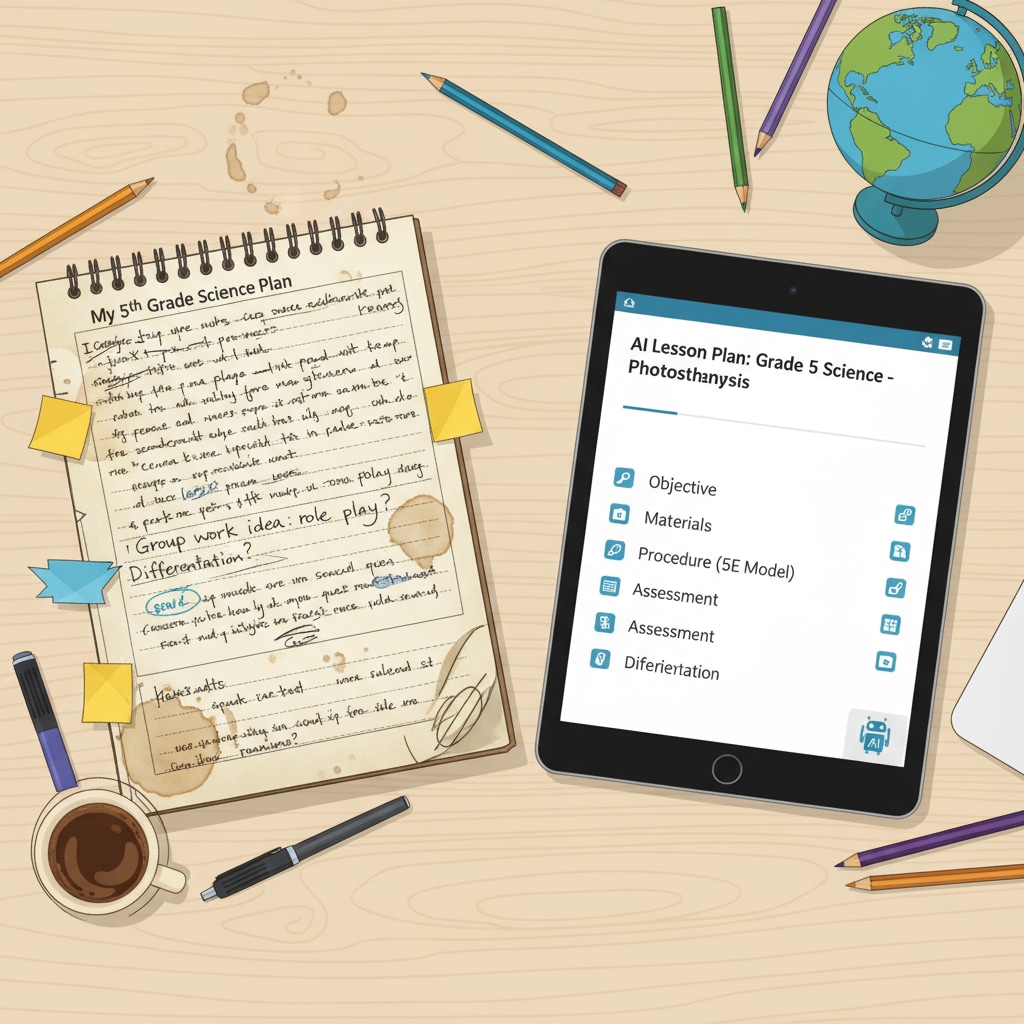 An image that visually contrasts a handwritten, authentic lesson plan filled with notes and markings, indicating a teacher's thought process, and an AI-generated lesson plan presented in a neat, standardized format. Comparison between an authentic and an AI-generated lesson plan in educational internship related to authenticity of lesson plans, teaching planning abilities, and AI limitations