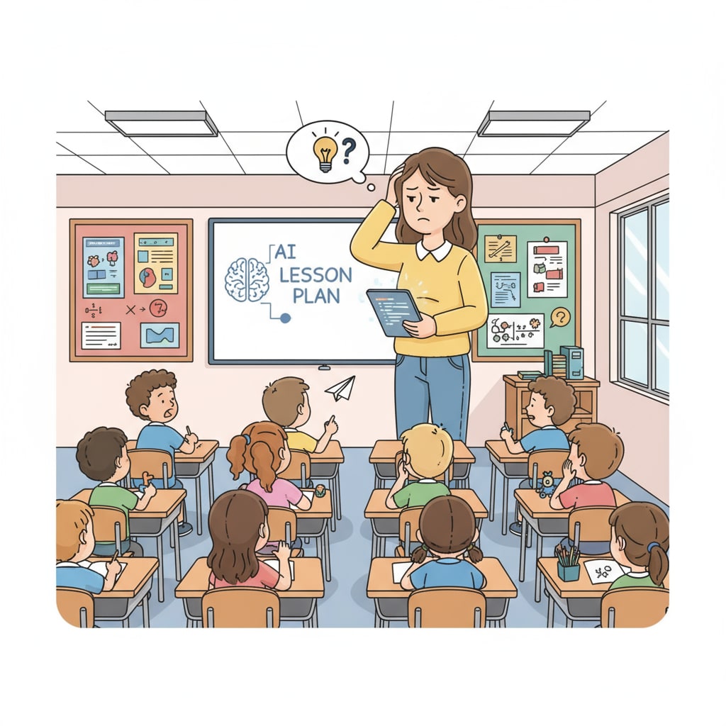 A picture showing an intern teacher looking perplexed as students in the classroom seem disengaged while the teacher is following an AI-generated lesson plan. An intern teacher facing challenges with an AI-generated lesson plan in the context of authenticity of lesson plans, teaching planning abilities, and AI limitations