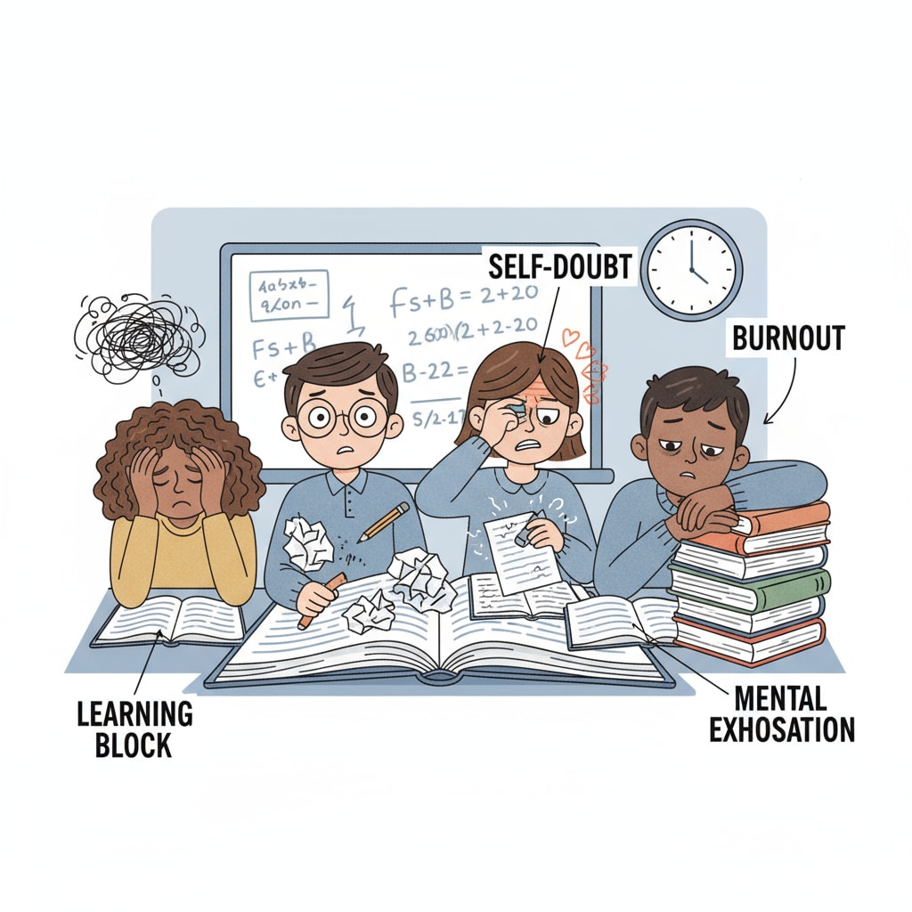 A group of students looking frustrated while studying, representing the challenges of learning difficulties, self-denial, and mental exhaustion. Students experiencing learning difficulties, self-denial, and mental exhaustion