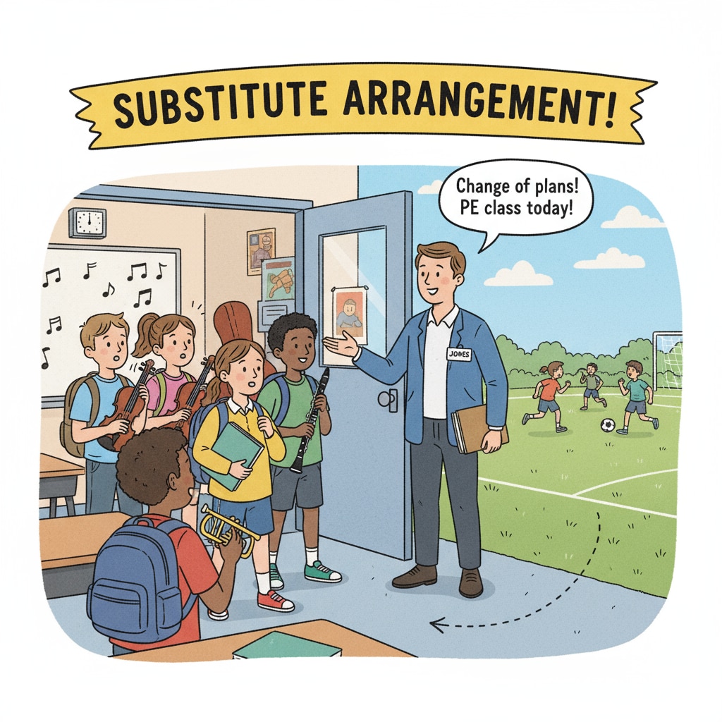 Students being redirected from a music class to a PE class due to substitute arrangement related to special subject teachers, physical education classes, substitute arrangements, and educational resources