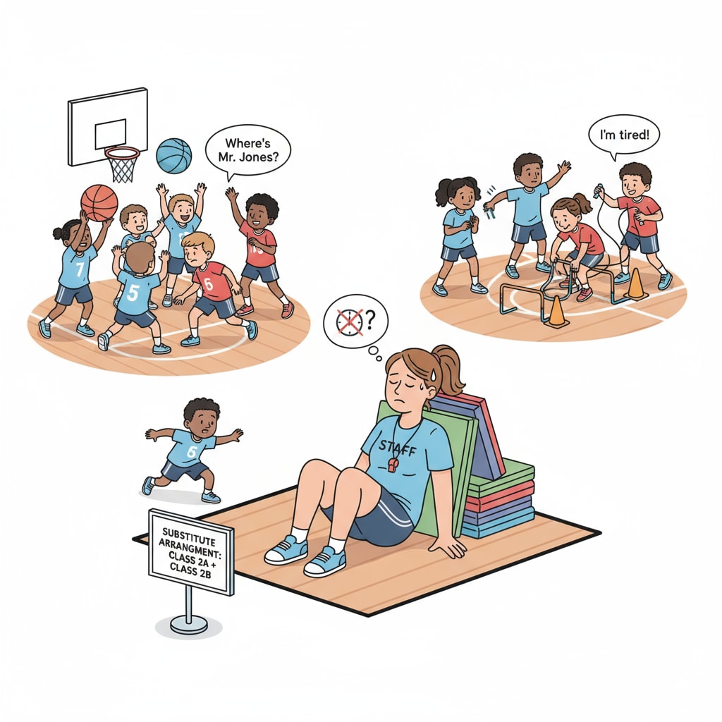 A tired PE teacher handling an extra class as a result of substitute arrangement in the context of special subject teachers, physical education classes, substitute arrangements, and educational resources