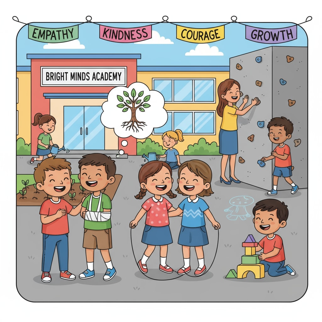 A group of students in a schoolyard, interacting and showing positive mental attitudes. This represents the school environment where children's psychological resilience can be influenced. School environment and students' positive mental attitudes related to psychological resilience and family education influence
