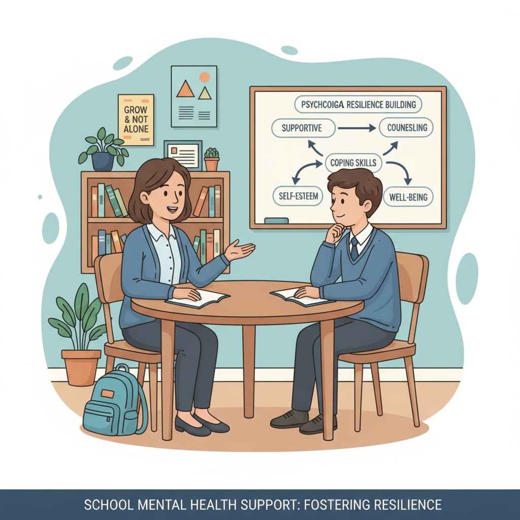 A teacher talking to a student in a counseling room, symbolizing the school's role in providing mental support for students' psychological resilience. School's role in student mental support for psychological resilience and family education connection