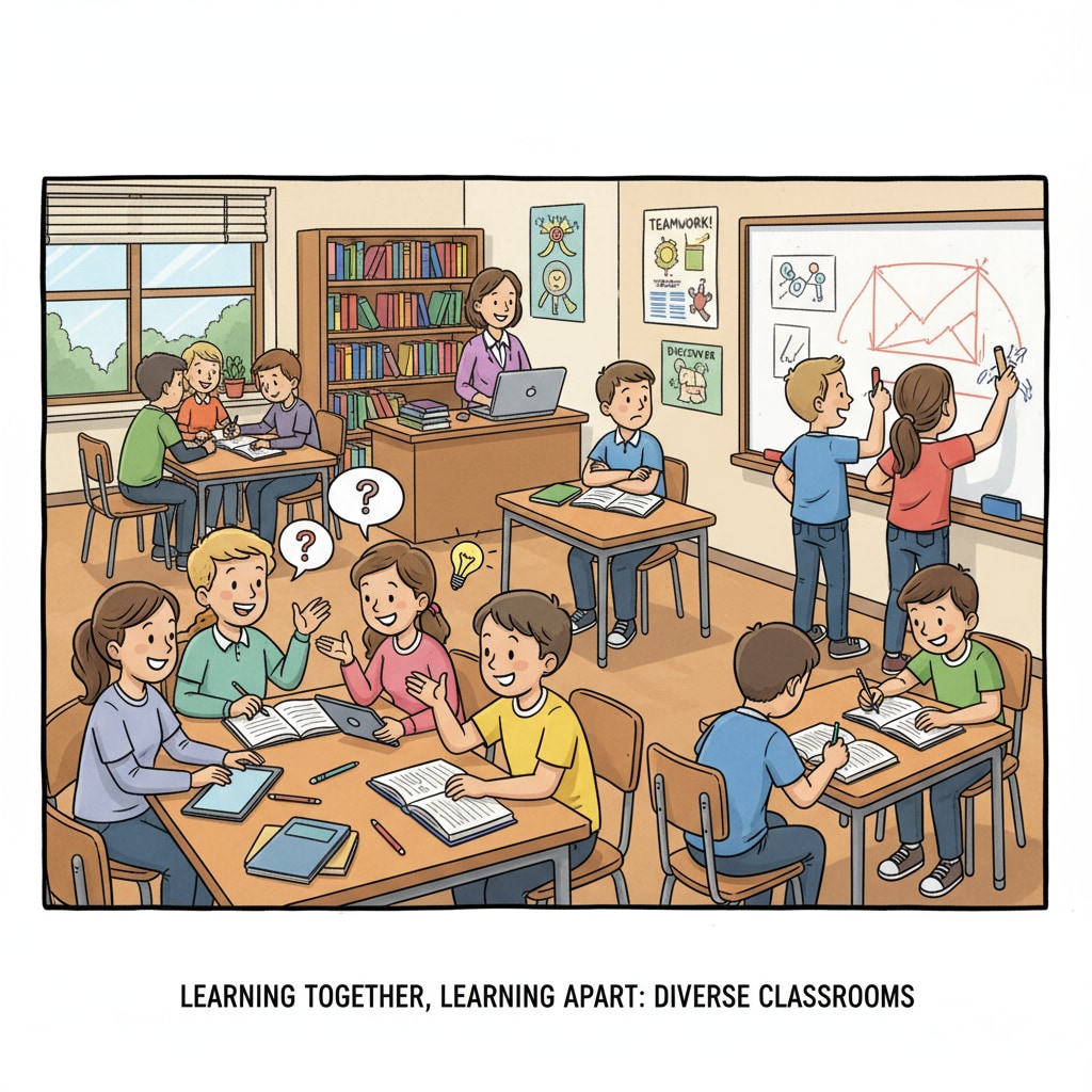 A classroom scene shows students sitting in different seating arrangements. Some are in groups chatting and collaborating, while a few students seem a bit uncomfortable, looking away from the group activities. This represents the contrast between the interactive classroom environment and the experience of students with different learning preferences. Classroom seating arrangements and students' different reactions related to solitude learning and social pressure